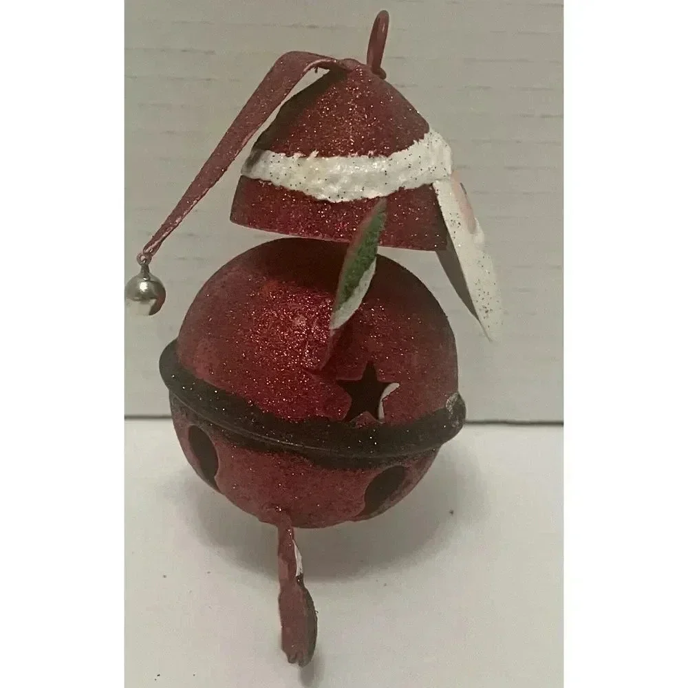 Glitter Santa Jingle Bell Ball Ornament With Swiveling Head Metal Christmas 4.5”